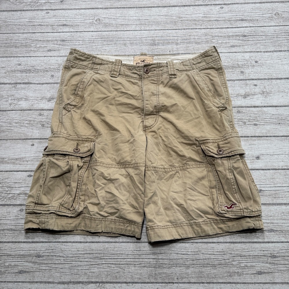 Y2K Hollister Cargo Shorts Men's 34 Khaki Tan Cotton Relaxed Fit Utility Hunting